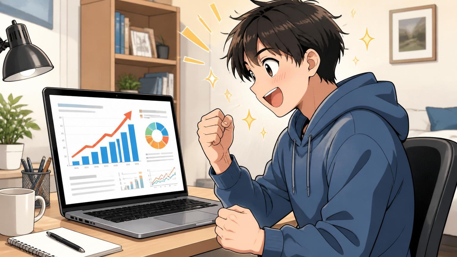 IT人材の需要の高さを示すデータを見て前向きになる、自宅のデスクでパソコン画面を見て表情が明るくなる20代の様子