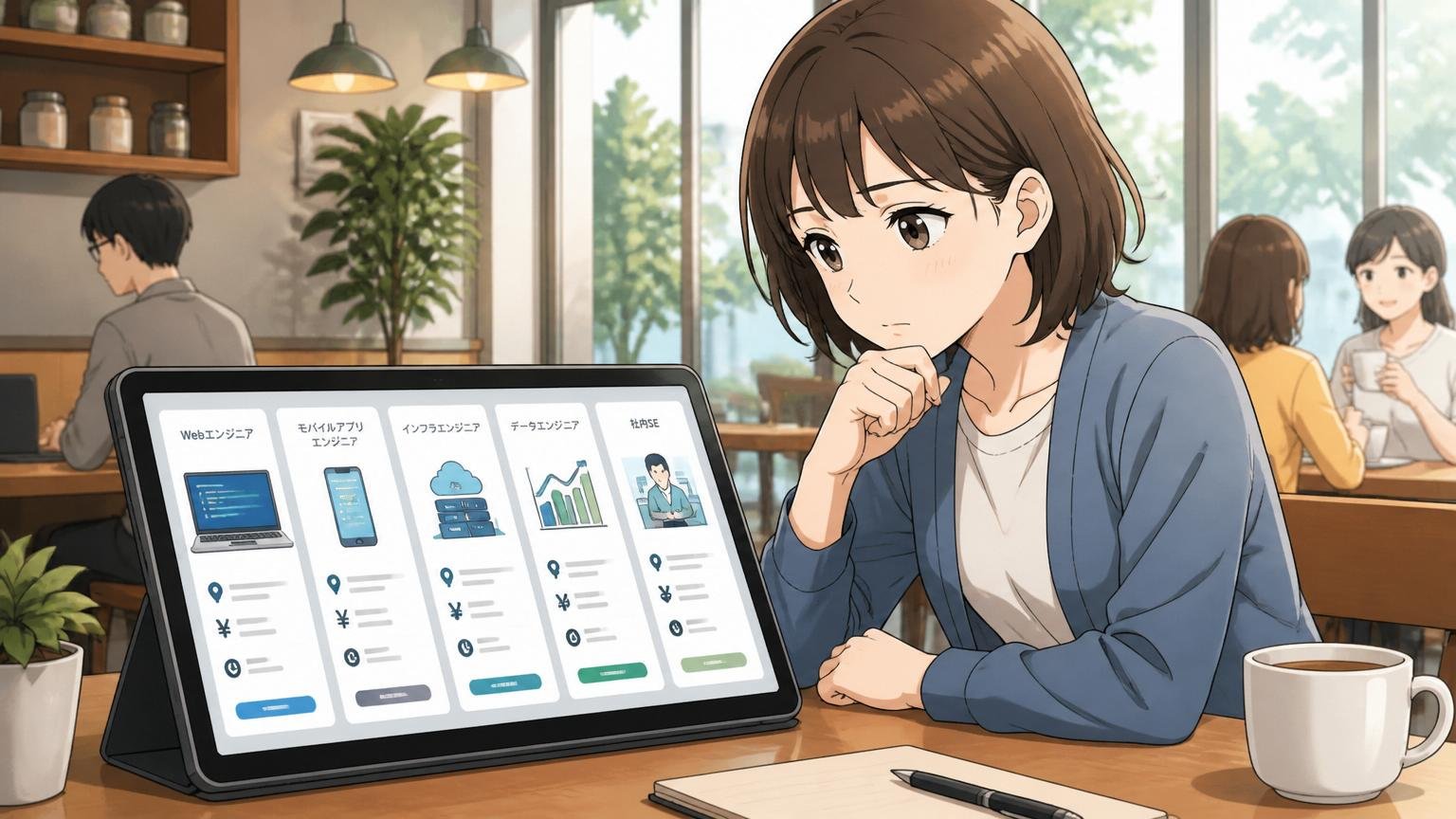 方向転換という選択肢。明るいカフェでタブレットに複数の転職求人を並べて比較するエンジニアの女性1人が顎に手を当て考える表情