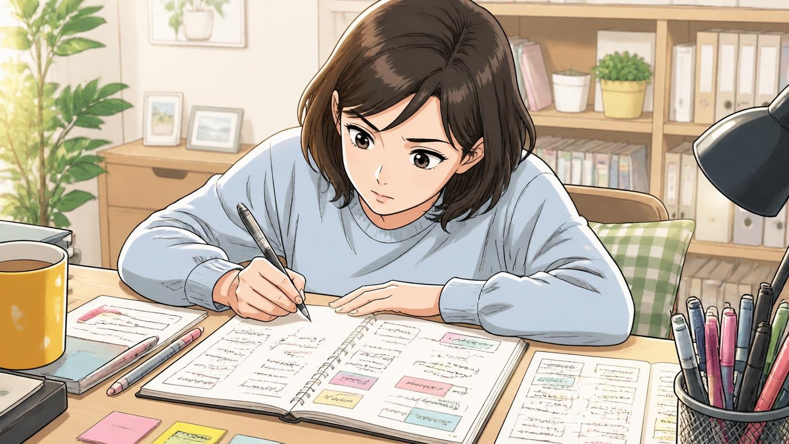 自分の職務経歴と強みをノートに書き出して整理する女性、自宅のデスク、1人、ペンを持ち真剣な表情
