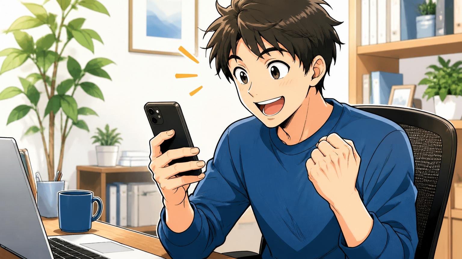 無料相談を予約する男性、自宅のデスクでスマホを手に前向きな表情