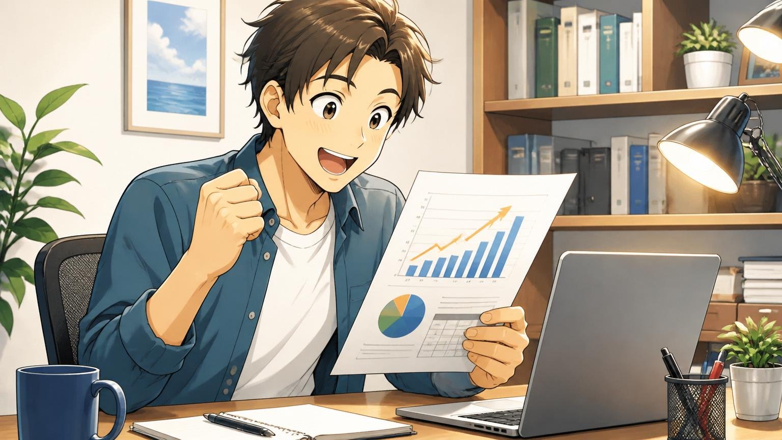エンジニア経験は市場で評価される年収データが示す価値、自宅のデスクで年収相場の資料を見て前向きになる30代エンジニア、明るい表情