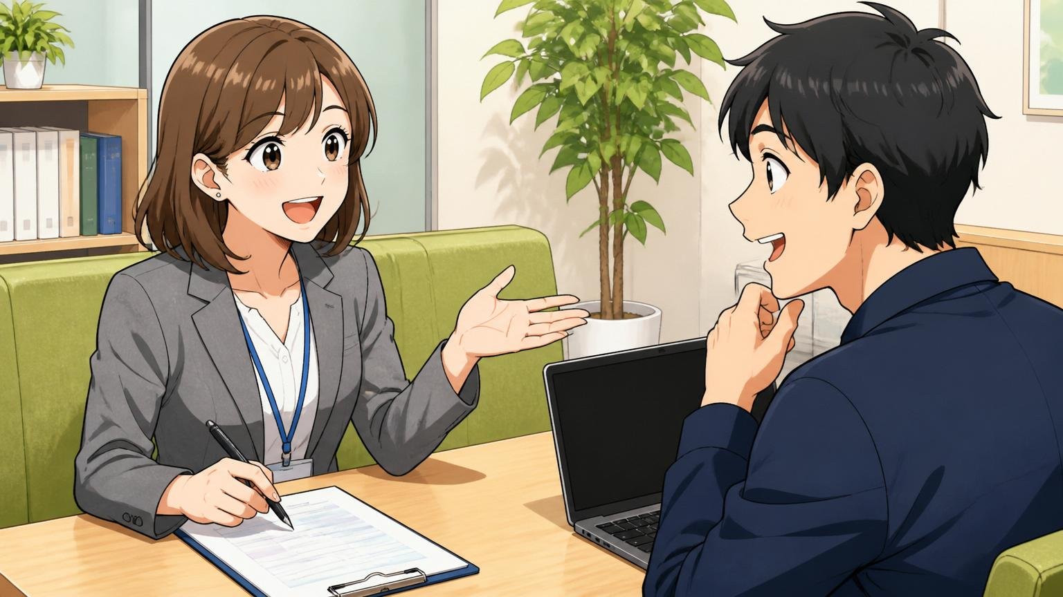 経験者向けIT専門エージェントに無料相談。明るい面談ブースで笑顔で話すアドバイザーと相談者の男女2人