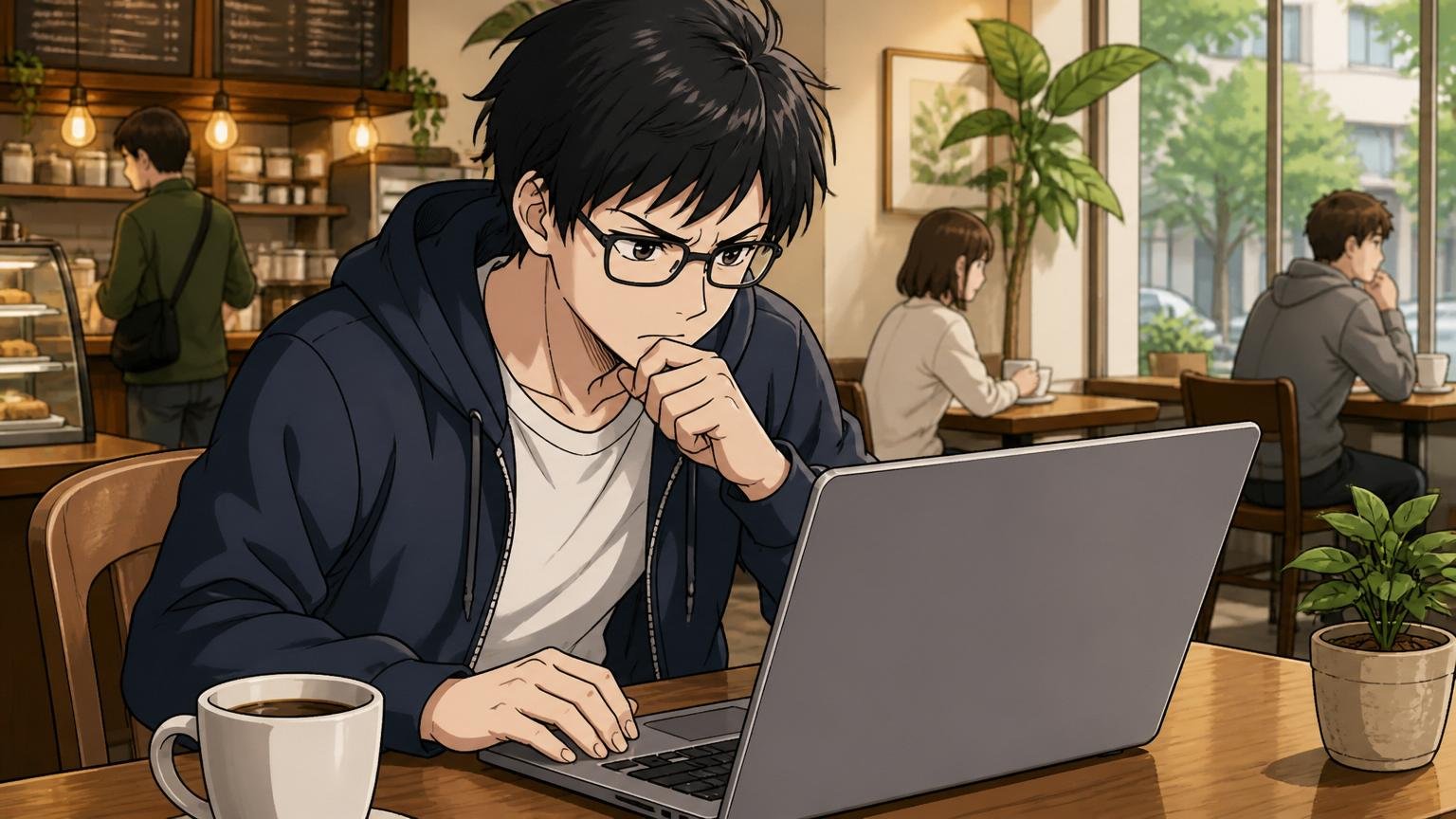 他社への方向転換を検討するエンジニア カフェで1人 ノートPCで求人を見る
