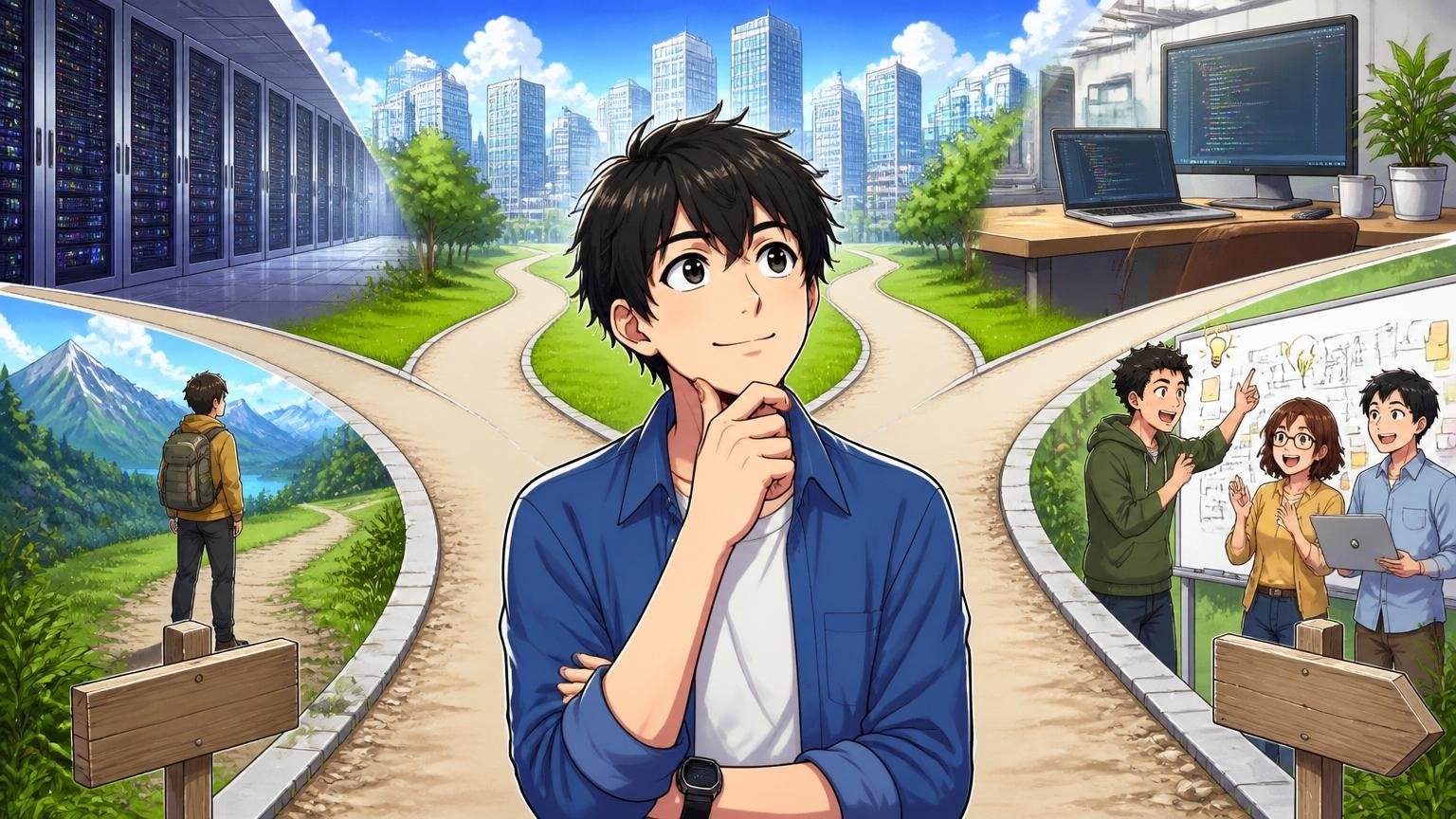 方向転換するなら。複数の進路の前で前向きな表情で考えるエンジニア男性