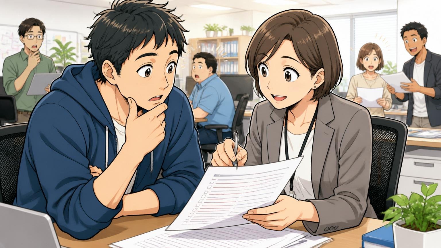落ちた原因の分析と書類添削に強い経験者向けIT転職エージェント3選。明るいオフィスでエンジニアがアドバイザーと書類を確認する2人