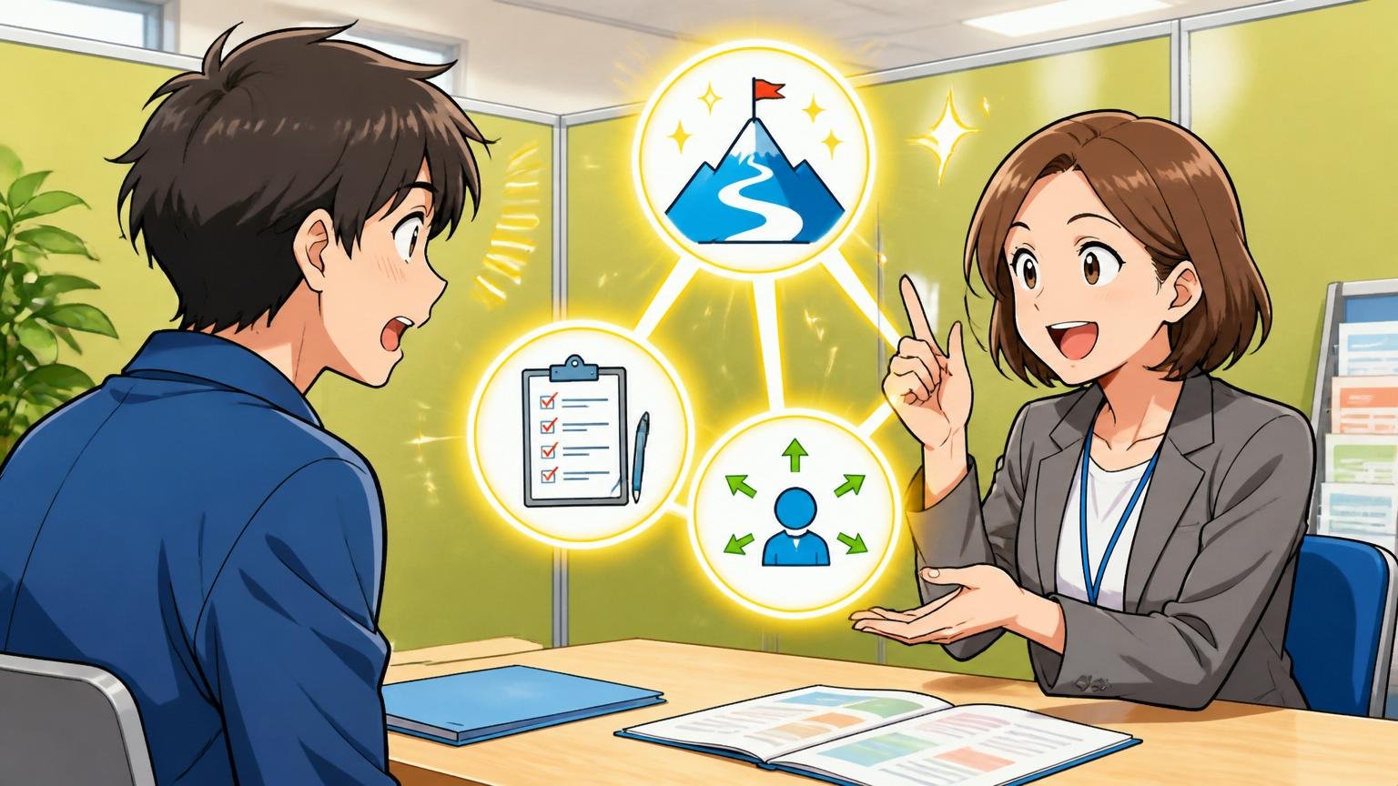 プロに相談して得る3つのものを、面談ブースでキャリア相談員が応募者に助言する場面