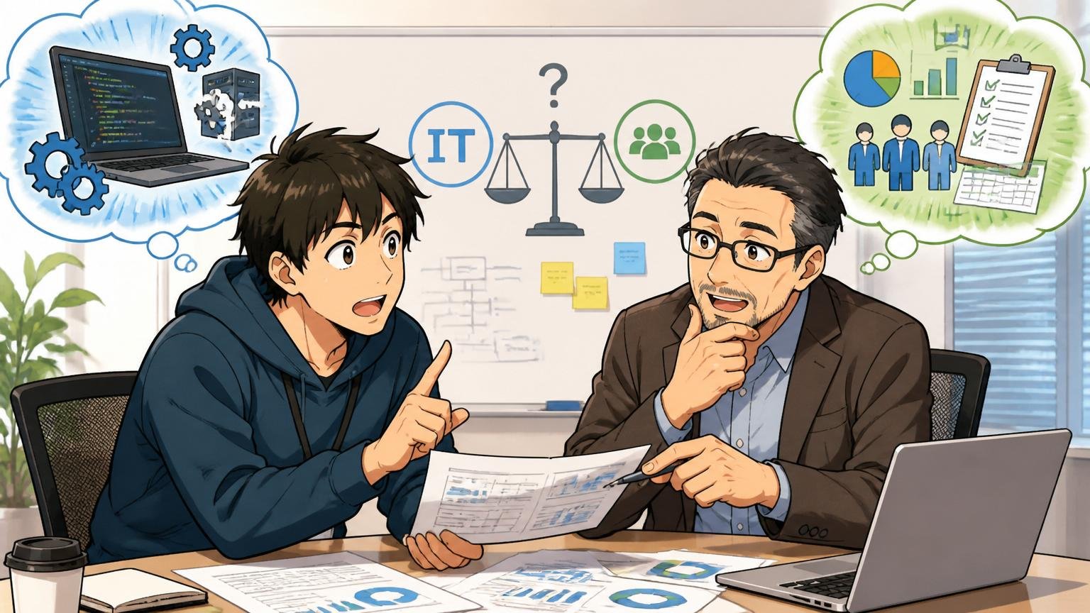 IT特化型と総合型エージェントの使い分け。企業の会議室でアドバイザーと相談するエンジニア、2人が資料を見ながら話す