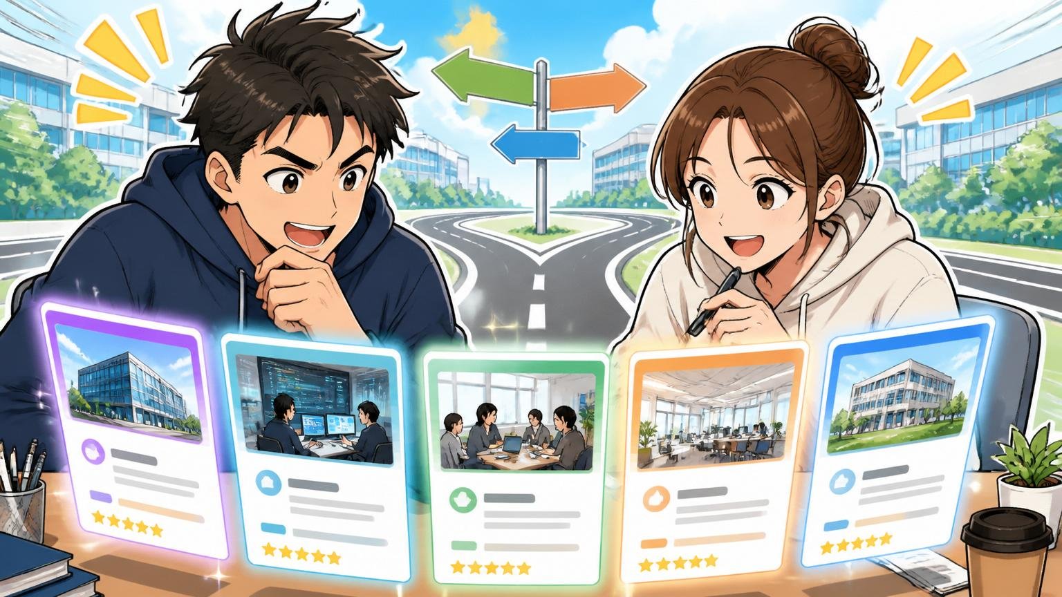方向転換する道。複数企業の求人カードを並べ前向きに比較検討する転職活動中の男女2人のエンジニア