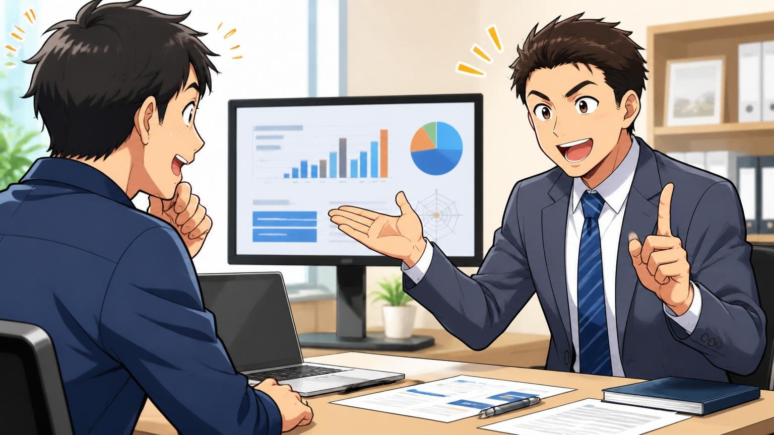 転職エージェントのオフィスでアドバイザーが経験者エンジニアに市場価値を説明する面談