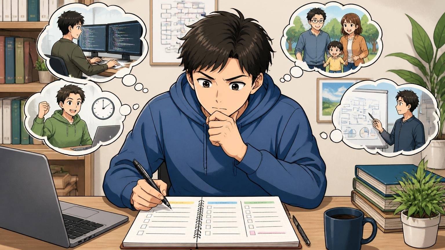 自分の希望条件を書き出して企業選びの軸を見直す転職検討中のエンジニア