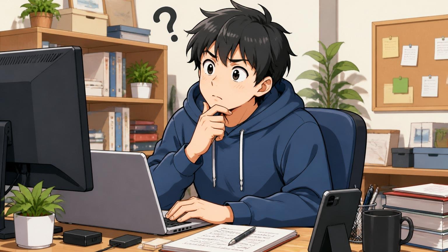 自宅のデスクで任天堂の選考について疑問を調べる若手エンジニア1人が首をかしげる表情
