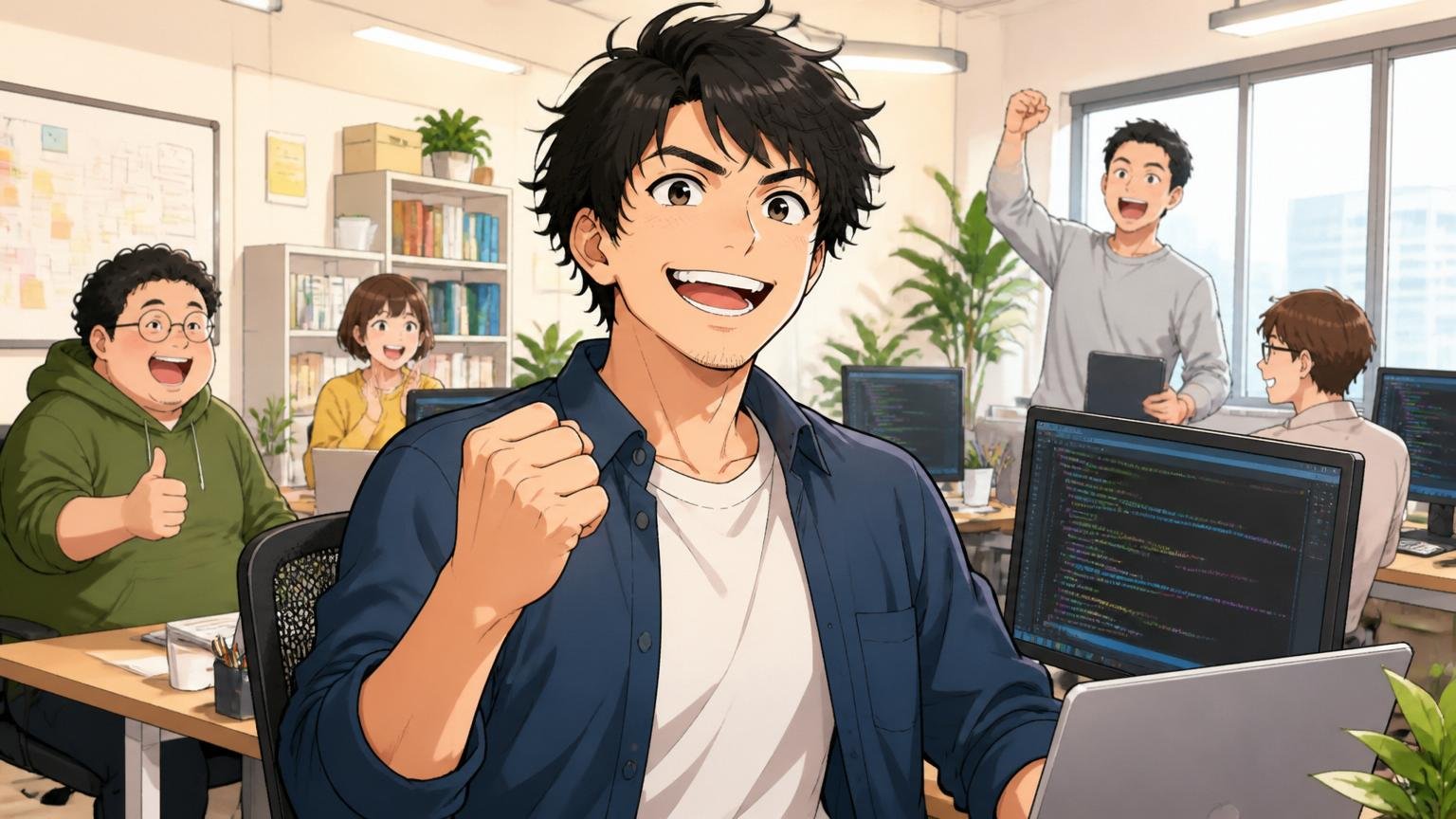 Web系スタートアップの明るいオフィスで自信を取り戻し笑顔を見せる30代男性エンジニア