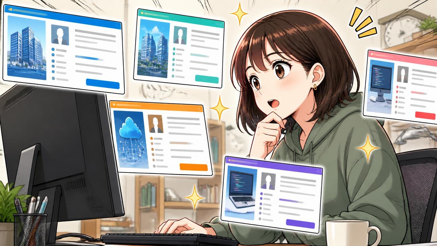 ステップ2複数のエージェント求人で市場価値を測る 複数の求人を見比べる女性エンジニアとパソコン画面
