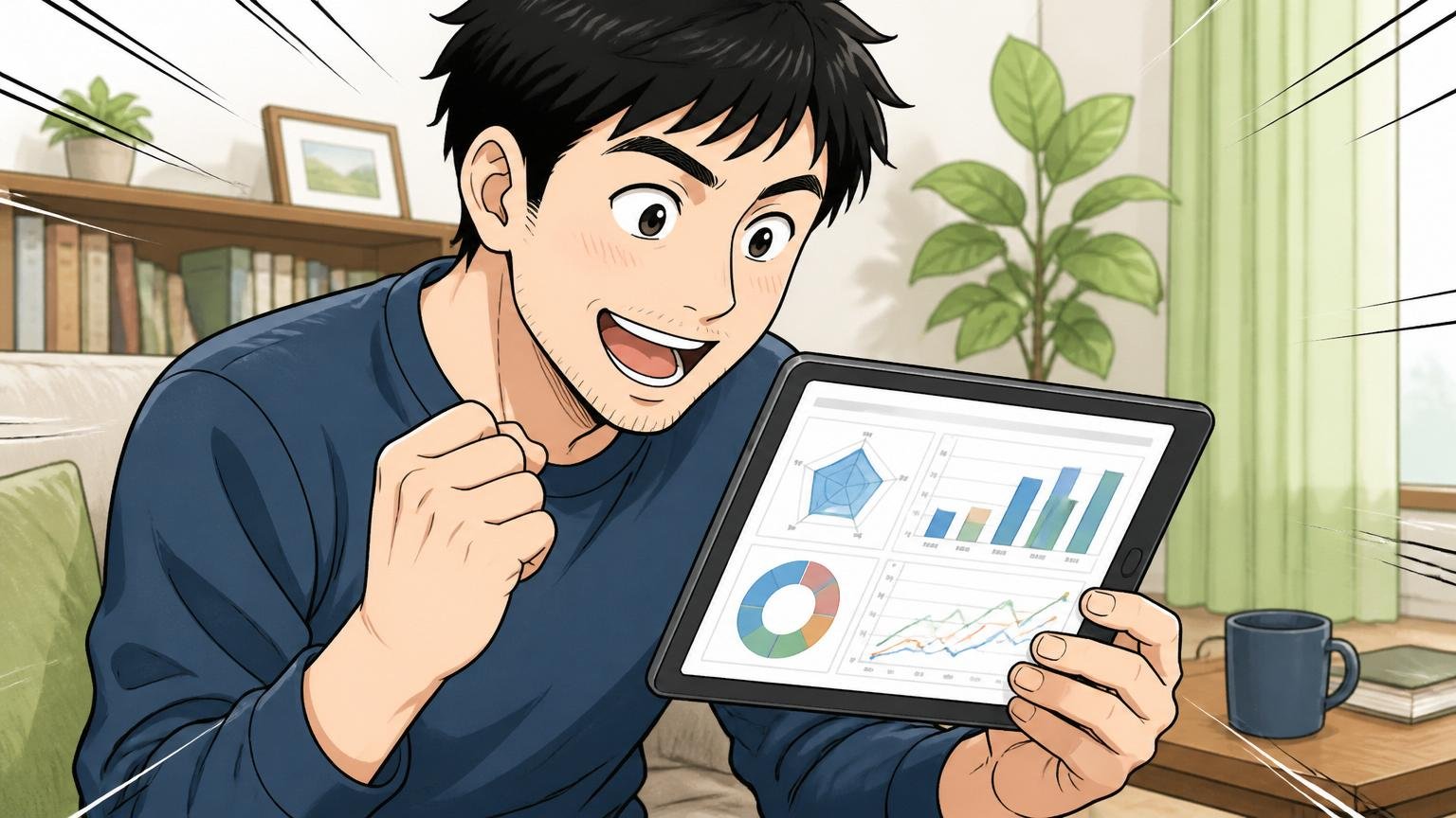 客観スコアで見るNRIネットコム 自宅でタブレットの評価グラフを見る30代エンジニア