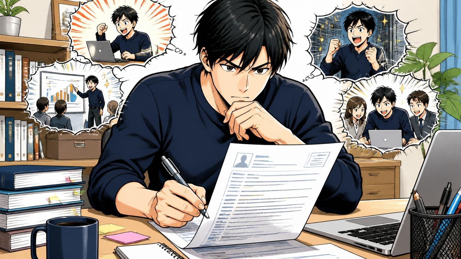 自宅のデスクで経験者エンジニアが職務経歴書を書き直しながら自分の実績を振り返り表情が引き締まっている様子