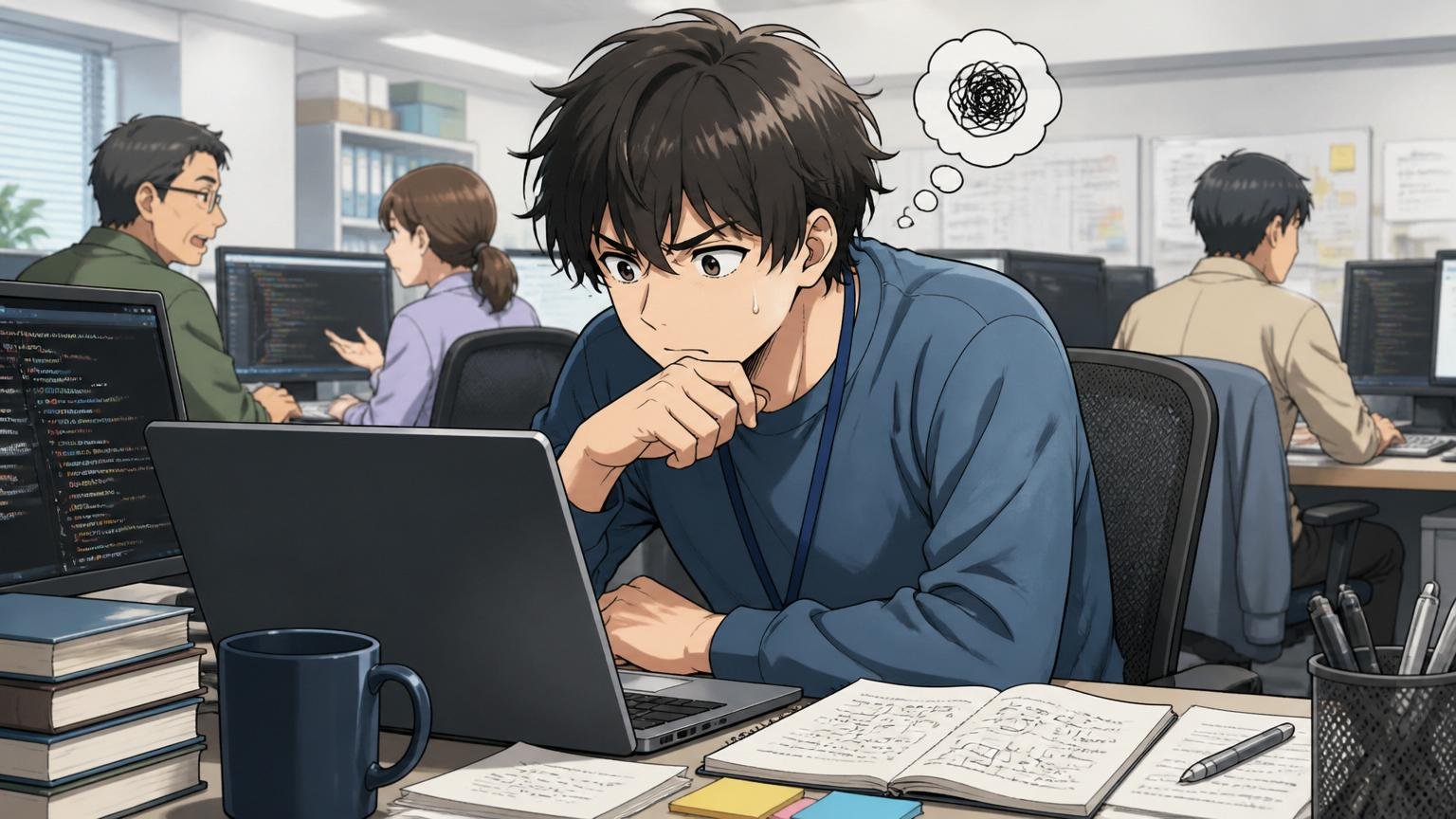 技術力の磨き方に悩む。SIerの客先常駐オフィスのデスクでパソコンのコードと向き合い眉をひそめる20代男性エンジニア