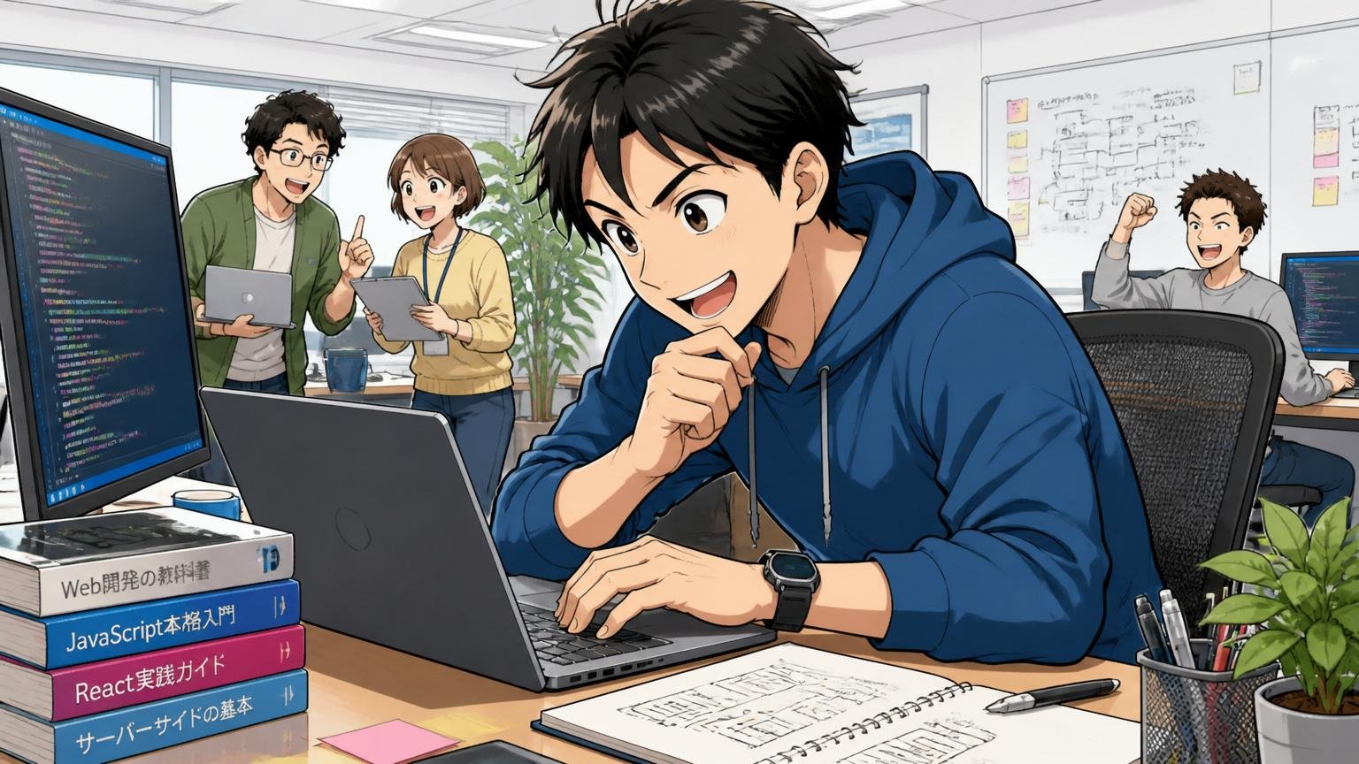 成長志向で次を目指す、Web系スタートアップのオフィスで前向きに調べ物をする20代後半男性エンジニア