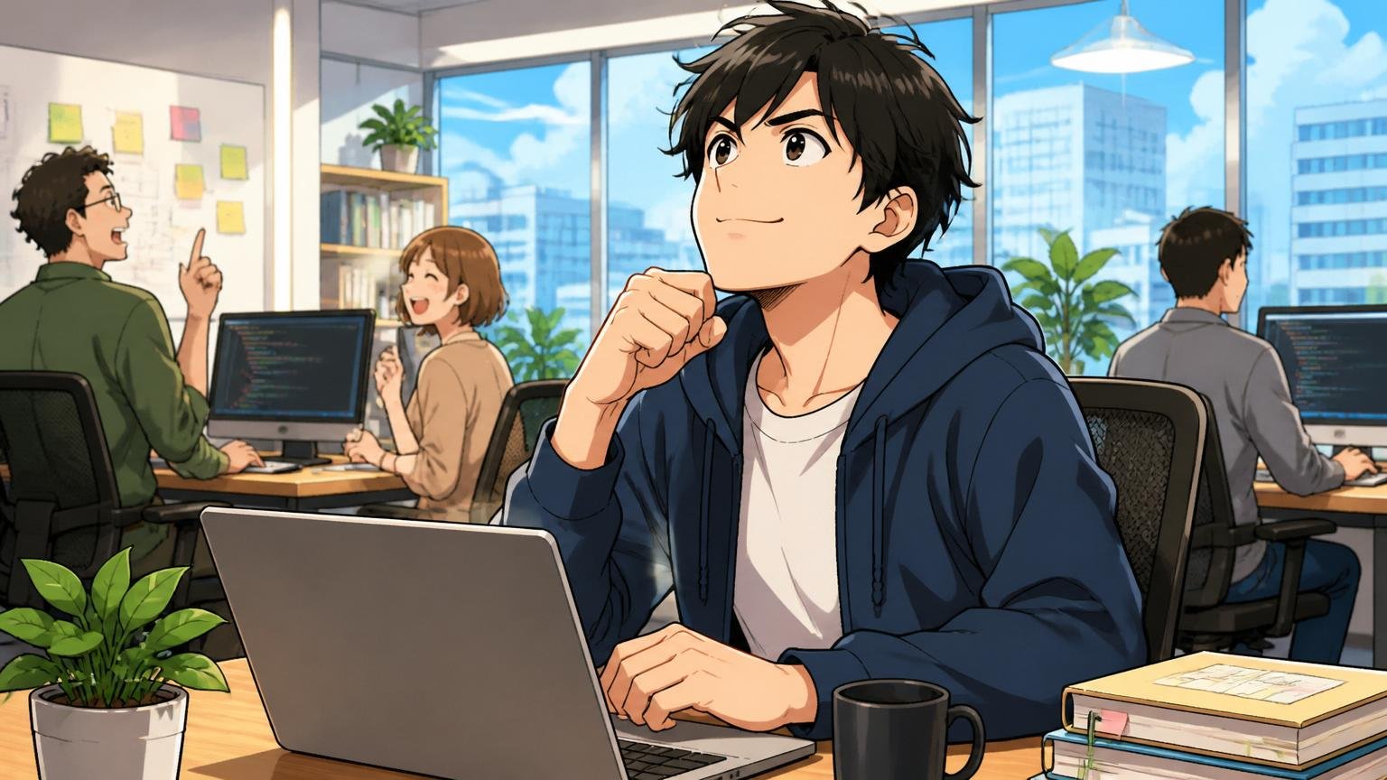 Web系スタートアップのオフィスで上を目指して前向きに考える20代後半エンジニア1人