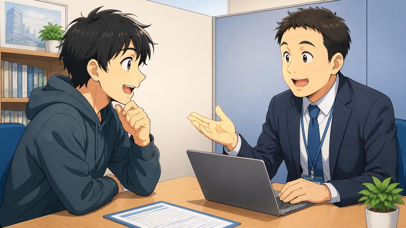 IT特化型エージェントに無料相談するエンジニア、転職エージェントの面談ブースで2人が和やかに相談する場面