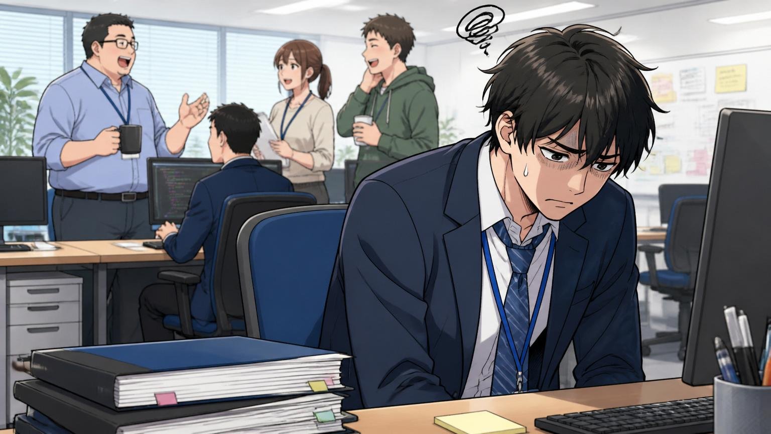 向いていない人。IT企業のオフィスで手厚い指導を求めるが放任されて戸惑い、肩を落とす男性社員1人