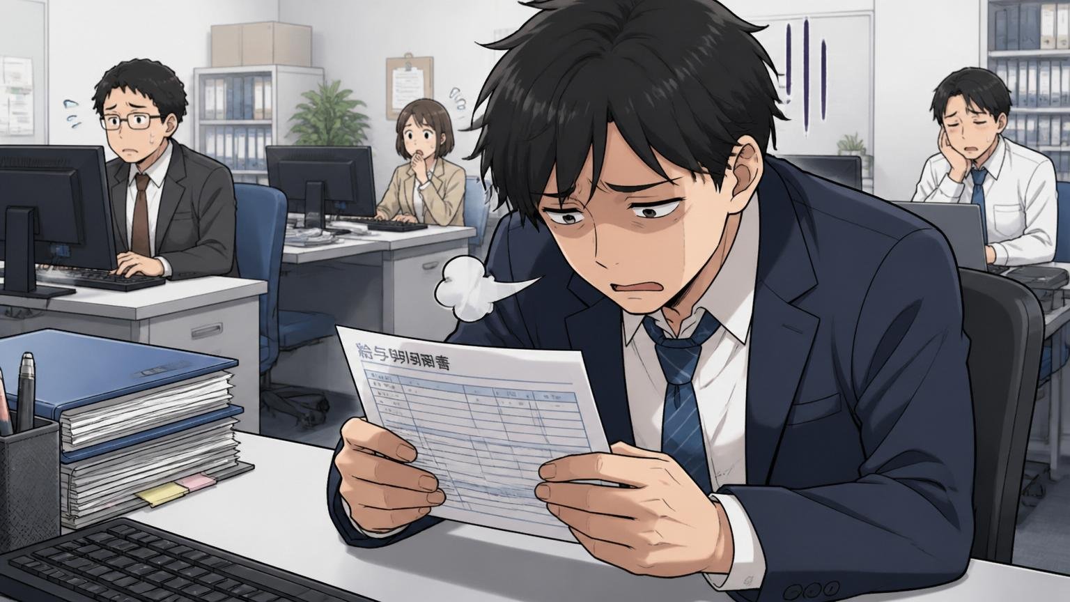 ネガティブな評判。SIerのオフィスで男性社員が給与明細を見てため息をつき肩を落とす