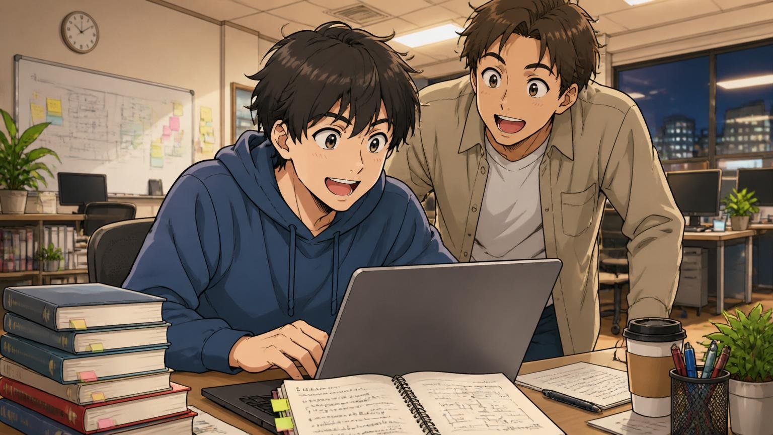 Web系SaaS企業のオフィスで、夜遅くまで自主的に技術書とノートPCを使って勉強会の資料を作る20代エンジニアと、それを覗き込む同僚の充実した表情