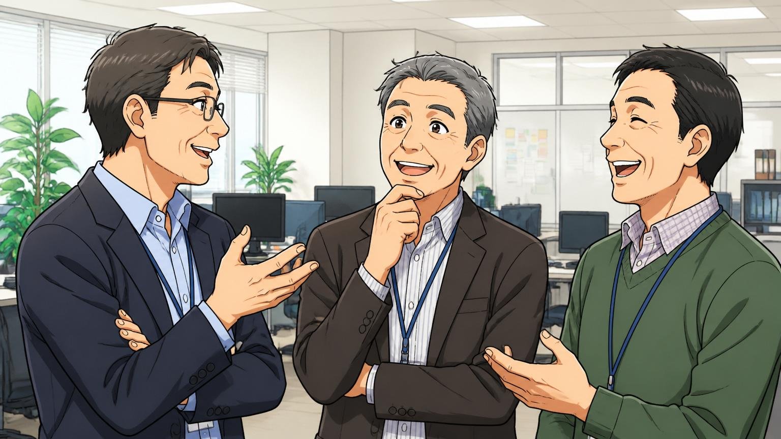 落ち着いたIT企業オフィスで穏やかに談笑するベテラン社員3人