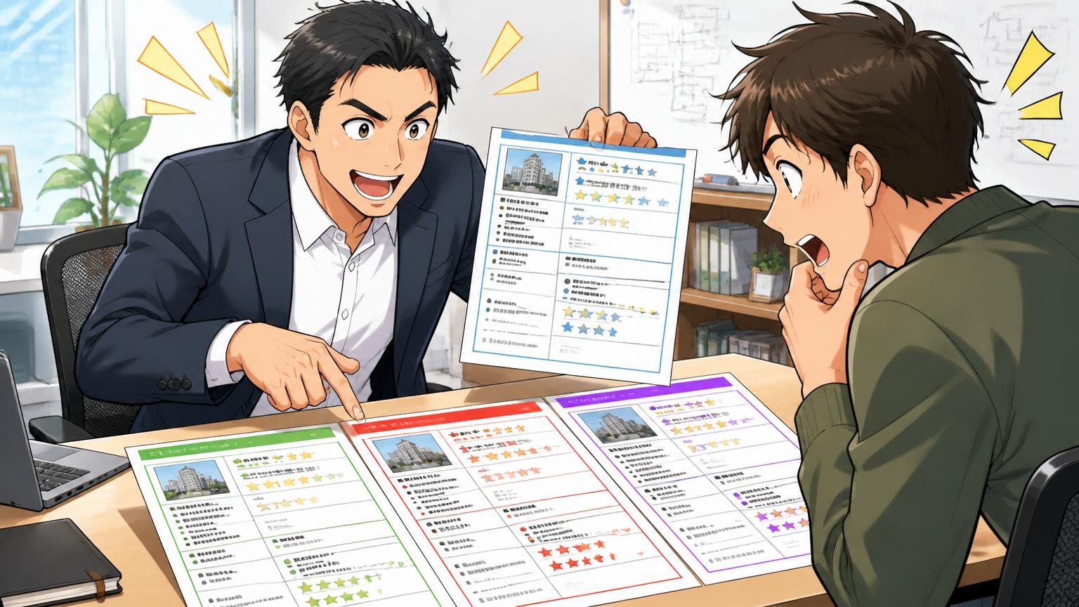 IT特化型エージェントの選び方。明るい会議室で男性アドバイザーが複数社の求人票を机に広げ、エンジニアに比較しながら提案する