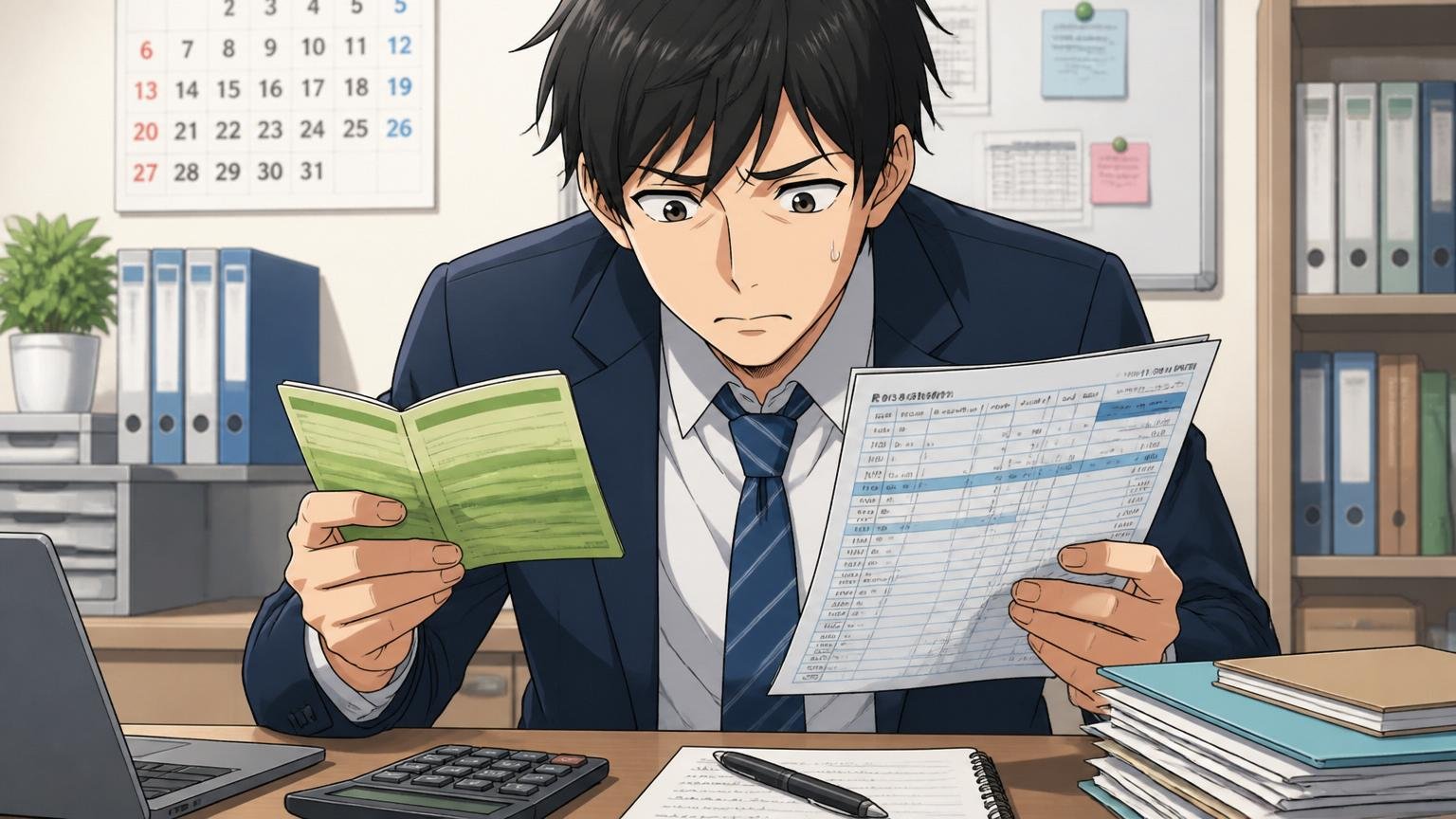 オフィスのデスクで通帳と給与明細を見比べながら、将来の安定について不安げに考え込む30代の会社員