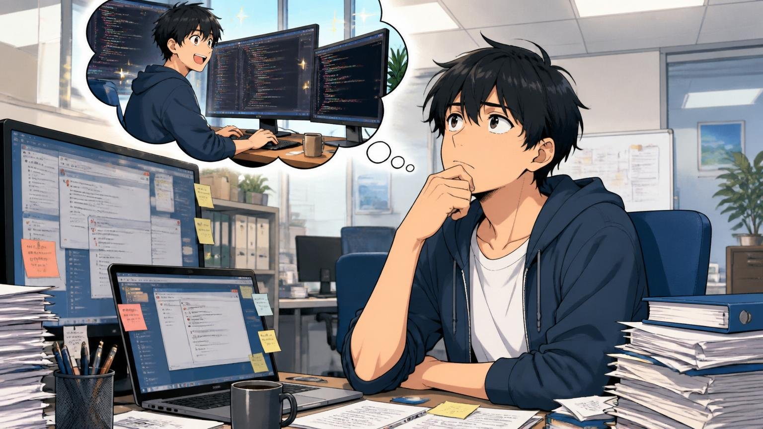 コードを書く開発の仕事を思い描きながら現実とのギャップに考え込むエンジニア、静かなオフィスで1人