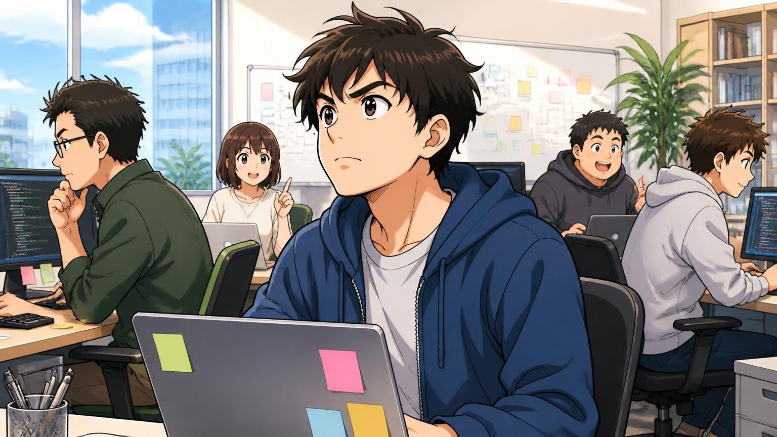 SHINKOに向いていない人、Web系スタートアップのオフィスで若手エンジニアがもっと成長したいと前を見据える表情