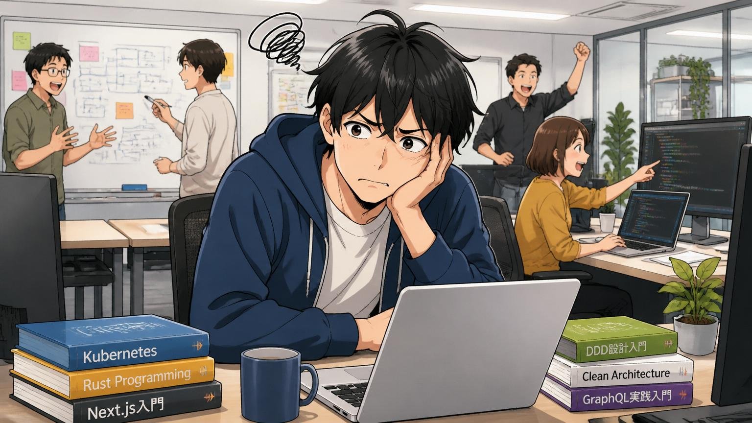 NSDが向いていない人 Web系スタートアップのオフィスでモダンな技術に憧れる若手エンジニア1人がもどかしそうな表情