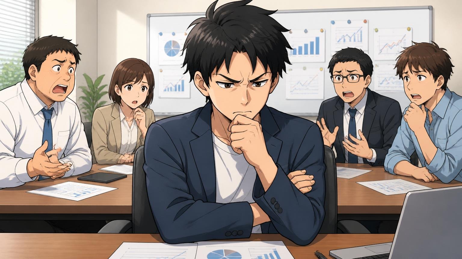 Splinkに向いていない人、企業の会議室で年収条件を重視するエンジニア男性が腕を組んで慎重に考え込む