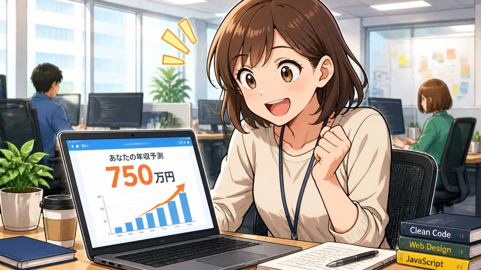 市場価値を知って前向きになる場面。Web系企業のオフィスで年収予測の結果を見て表情が明るくなる30代女性エンジニア1人