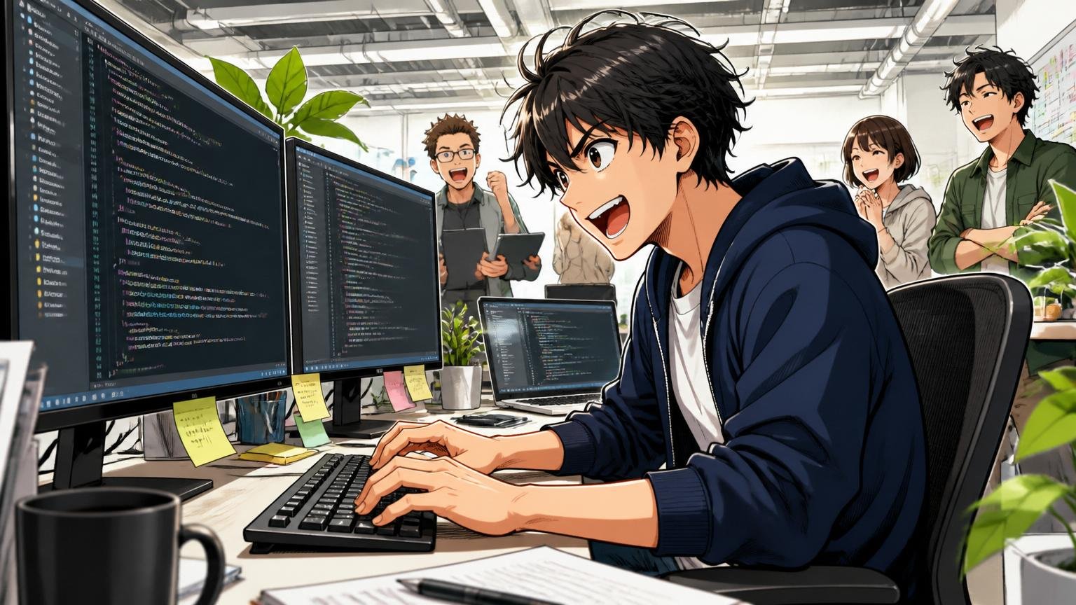 Web系スタートアップのオフィスでモダンなIDE画面を背に、エネルギッシュにコードを書く20代後半男性エンジニア、複数モニター。