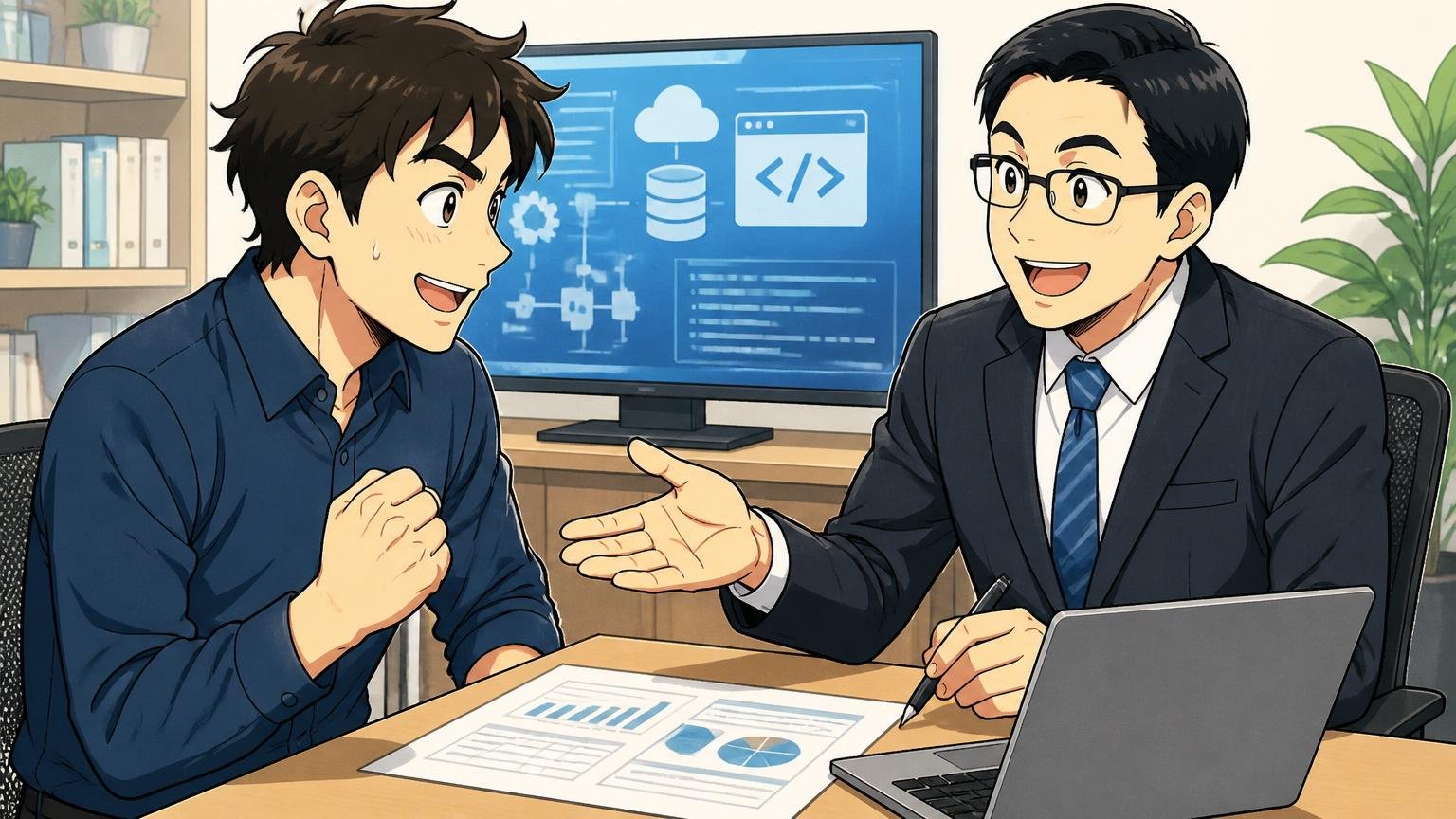 技術を理解する担当者と年収交渉について話す、IT特化エージェントの面談室で笑顔の30代エンジニアとアドバイザー