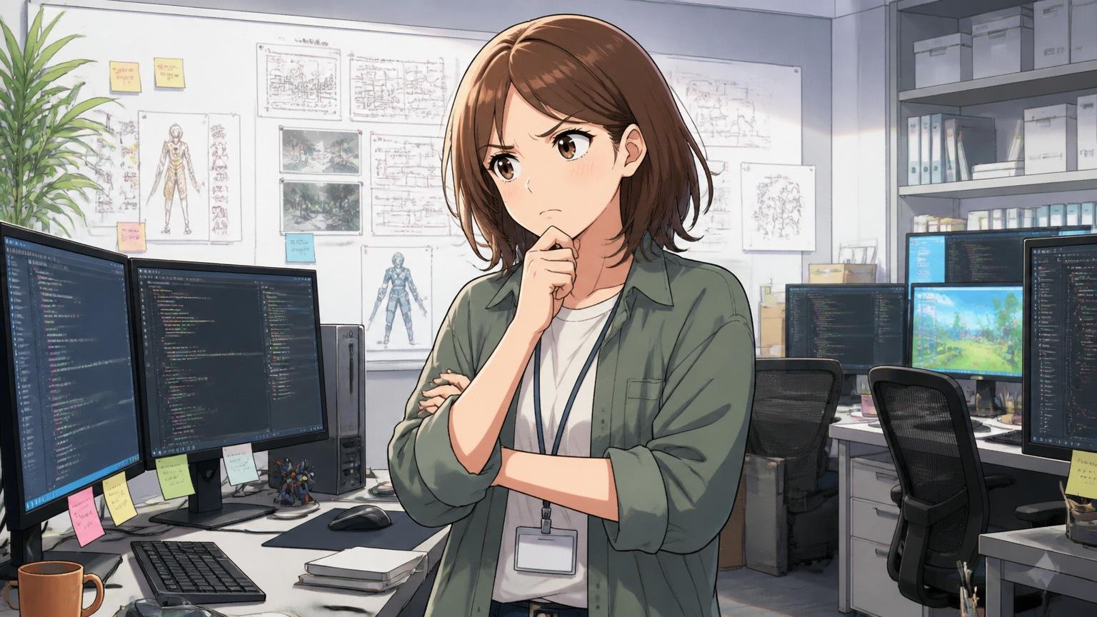 向いていない人。中堅ゲーム会社のオフィスで腕組みして思案する女性エンジニア1人