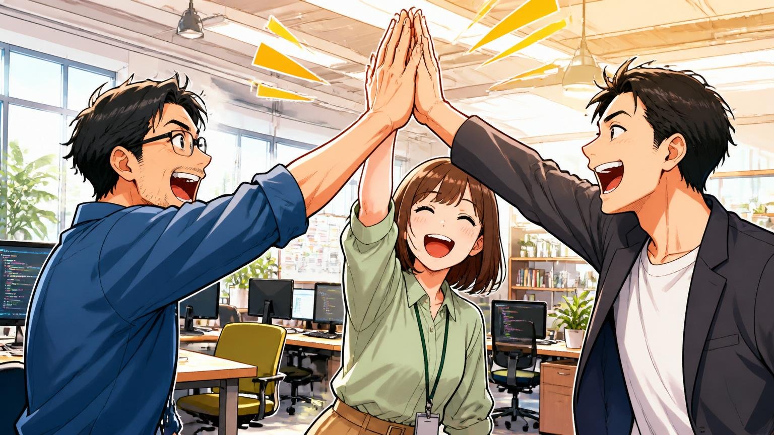 ポジティブな声|Web系スタートアップのオフィスで笑顔でハイタッチする30代男女3人、達成感のある表情