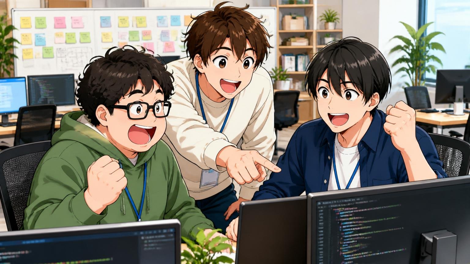 Web系スタートアップのオフィスで自社プロダクトを開発する笑顔のエンジニア3人