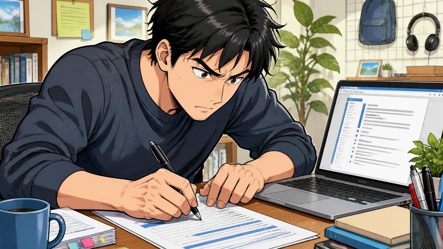 自宅のデスクで職務経歴書を真剣に書き直す30代男性エンジニア1人とノートPCの画面に職歴フォーマット