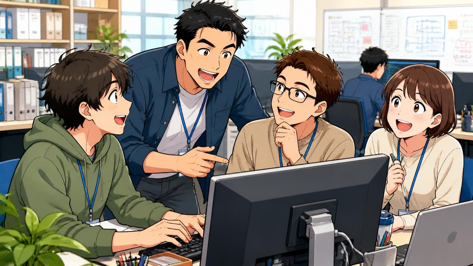 居心地が良いと感じる若手エンジニアたちがSES企業のオフィスで先輩社員と笑顔で交流する様子