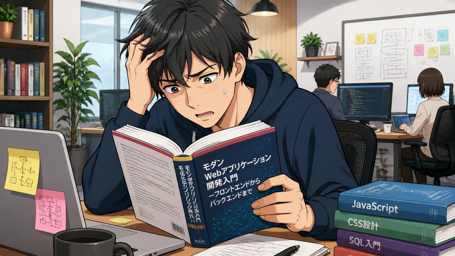 Web系スタートアップのオフィスでモダン技術書を読みつつ困った表情をする20代後半男性エンジニア1人