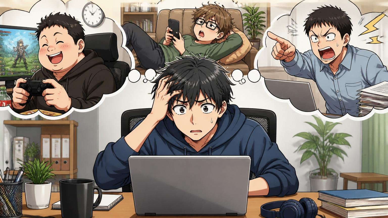 KDDIアイレットに向いていない人の3タイプ｜自宅のデスクで在宅勤務する若手男性エンジニアが画面を眺めて困惑する表情