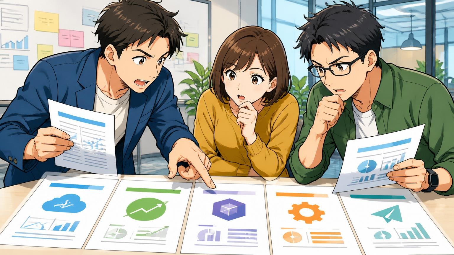 Web系企業の打ち合わせスペースで複数のSaaS企業のロゴ入り資料を比較する3人のビジネスパーソンが熱心に検討している