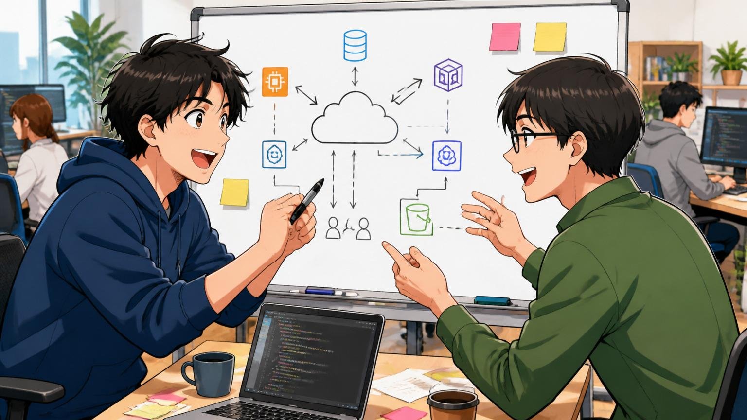 Web系スタートアップのオフィスでクラウド設計図を議論する30代男性エンジニア2名、生き生きとした表情