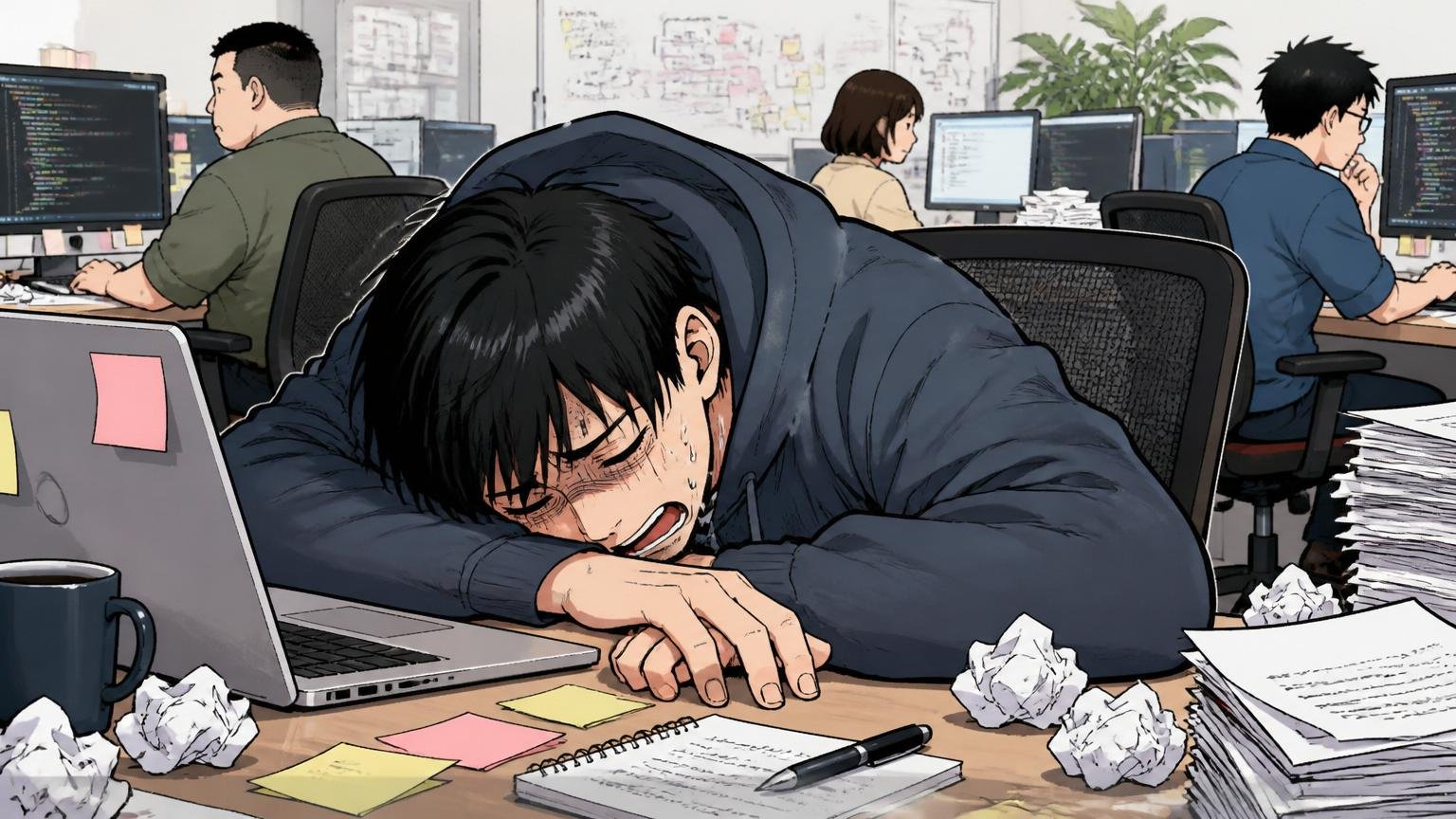 「悪い意味でやばい」と感じる人の特徴。Web系スタートアップのオフィスで30代男性エンジニア1人が、机に突っ伏して疲弊した表情