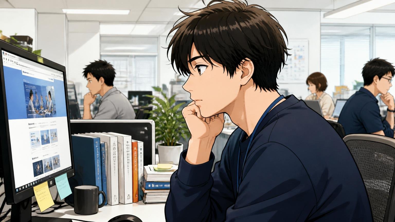 Web系スタートアップに憧れて画面を眺める20代後半男性エンジニアが現職のオフィスで物思いに沈む横顔