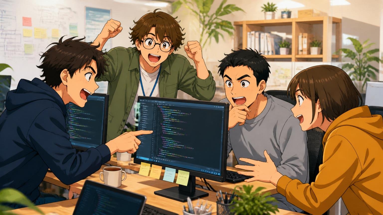 Web系スタートアップのオフィスでモダンWeb系の自社開発を楽しむ20代から30代のエンジニア4人がモニターを囲んで議論