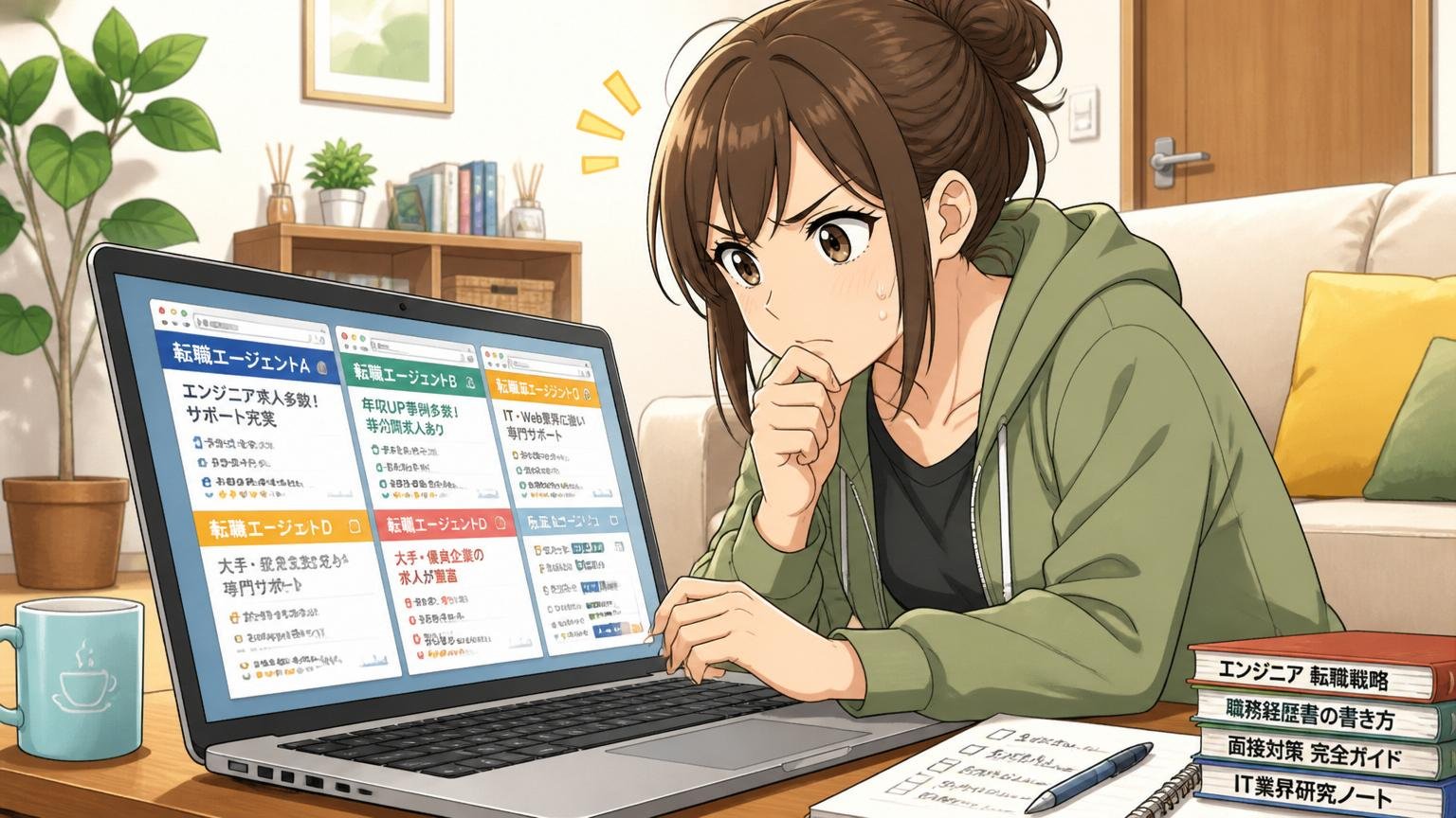 自宅のリビングでノートPCを開いて複数の転職エージェントサイトを比較検討する女性エンジニア1名