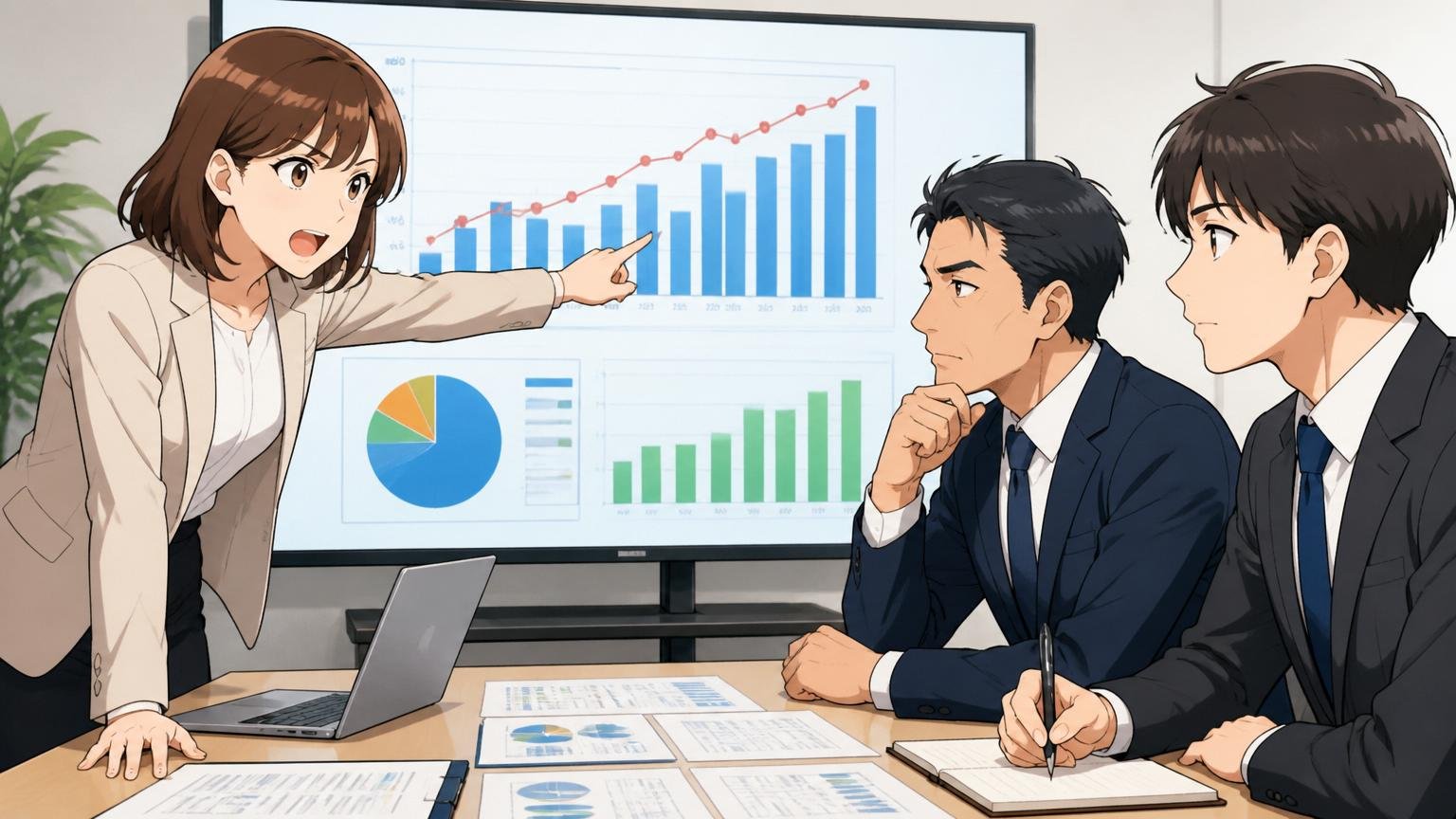 残業時間・有休消化率の客観値のシーンで、企業の会議室で30代女性が労務データのグラフを指差し、40代男性と20代男性が冷静に分析している